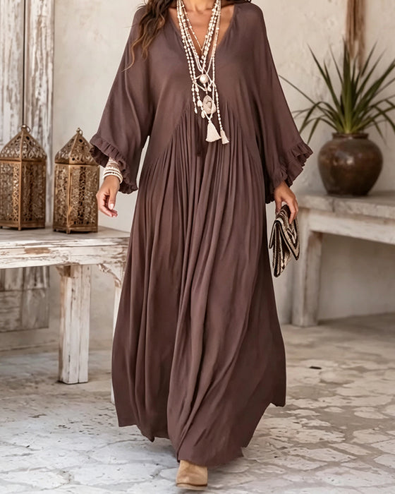 V-Neck Shirred Ruffle Full Skirt Dress