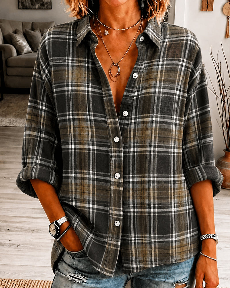 Lapel Checkered Long Sleeve Shirt