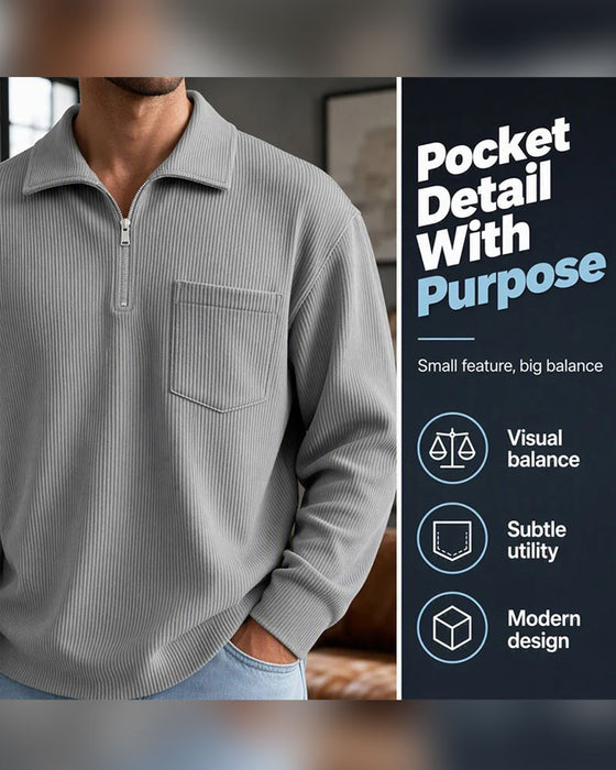 Ribbed Half Zip Lapel Long Sleeve Sweatshirt