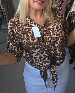 Lace Up V-Neck Leopard Blouse
