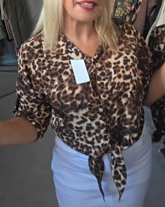 Lace Up V-Neck Leopard Blouse