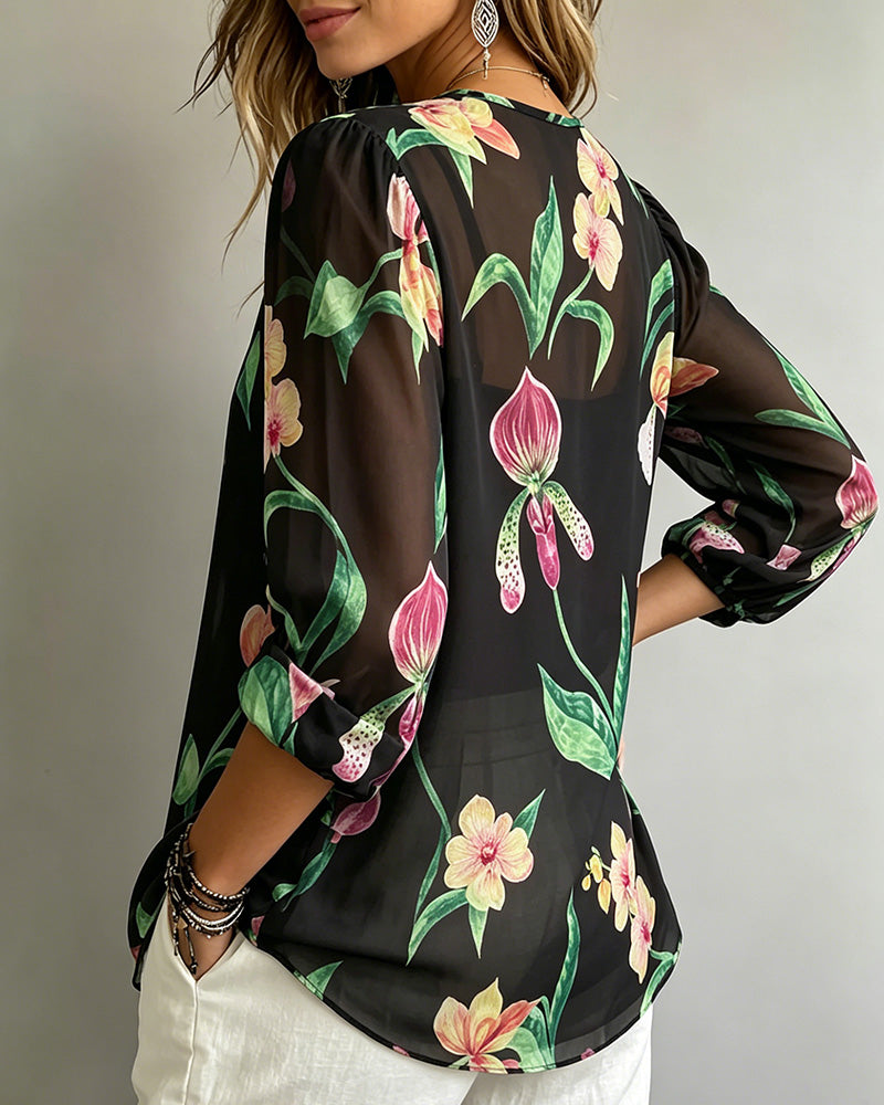 Lantern Sleeve Round Neck Tie Printed Blouse