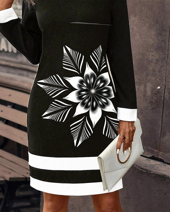 Round neck colorblock large flower dress