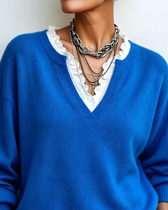 Faux Two-Piece V-Neck Lace Trim Pullover