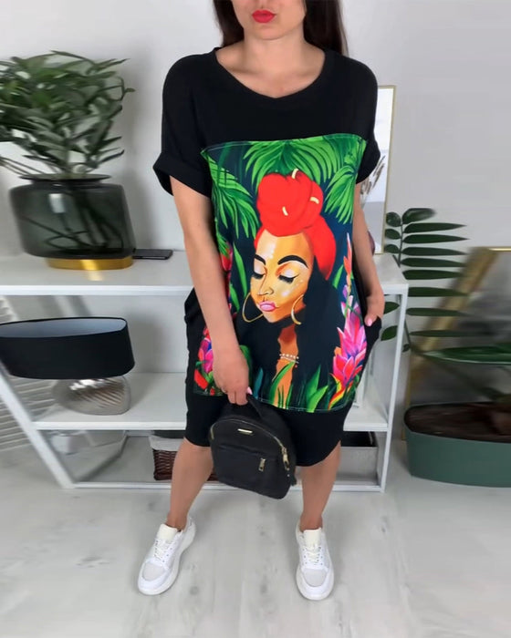 Portrait Printed Round Neck Dress