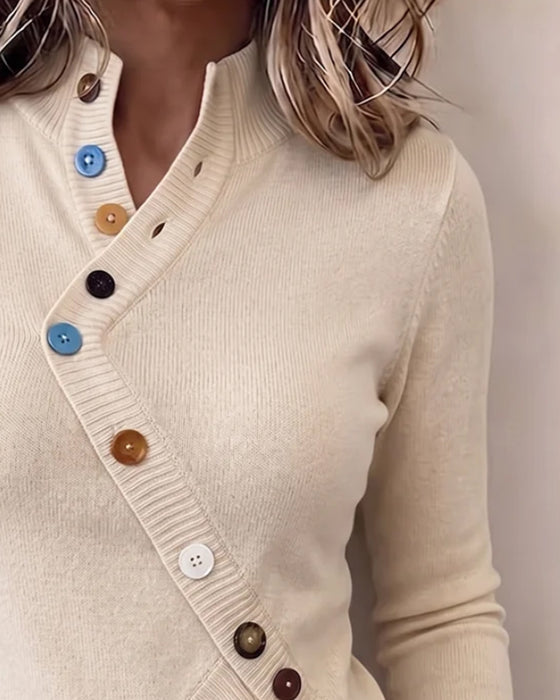 Mandarin Collar Color Block Asymmetrical Button Pullover