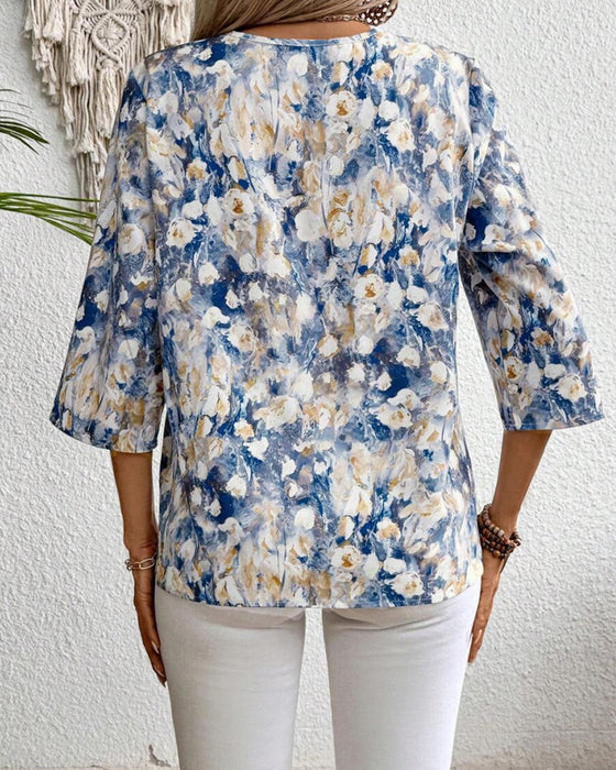V-Neck Three-Quarter Sleeve Floral Print Blouse
