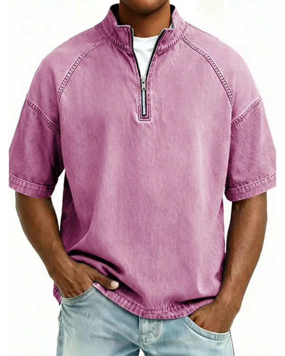 Washed Zip-Up Short Sleeve Shirt