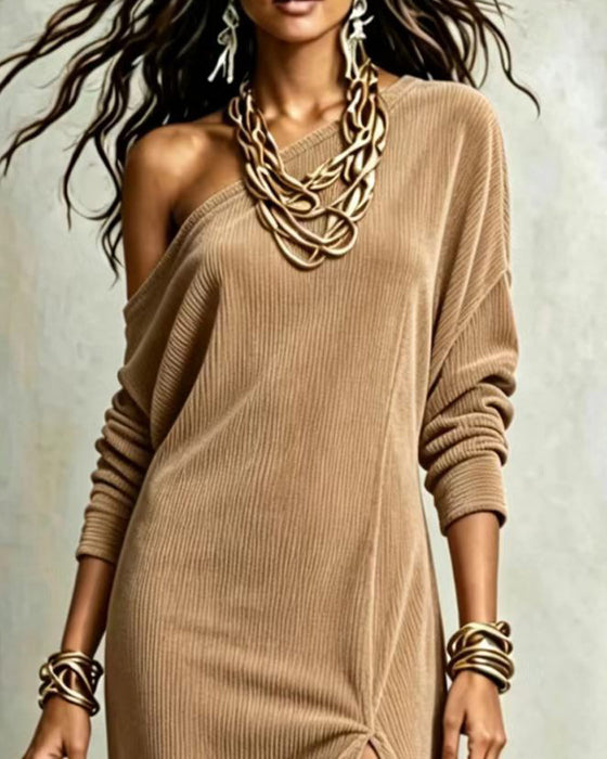 Solid Color One Shoulder Slit Dress