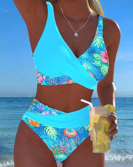 Marine Life Print Color-Block Bikini