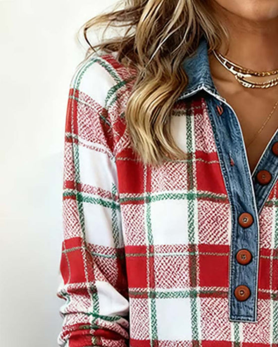 Plaid Denim Patchwork Sweatshirt