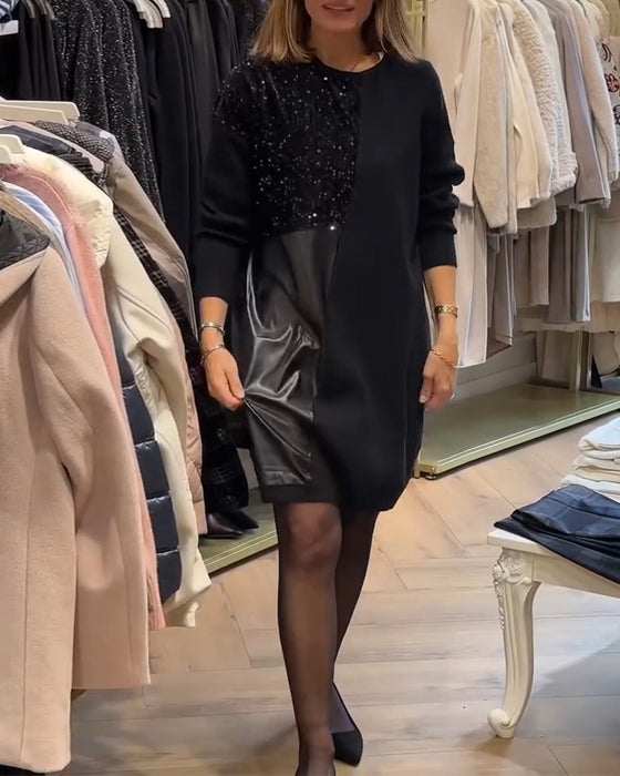 Pu Leather Fine Glitter Patchwork Dress