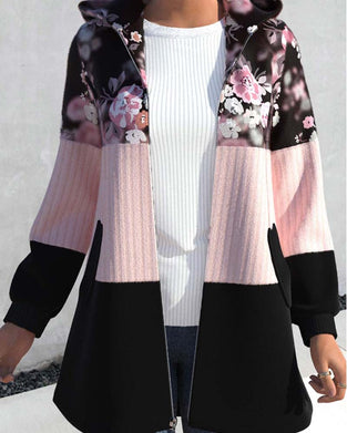Floral print colorblock hooded coat