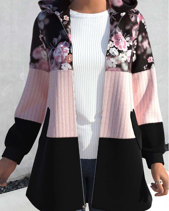 Floral print colorblock hooded coat