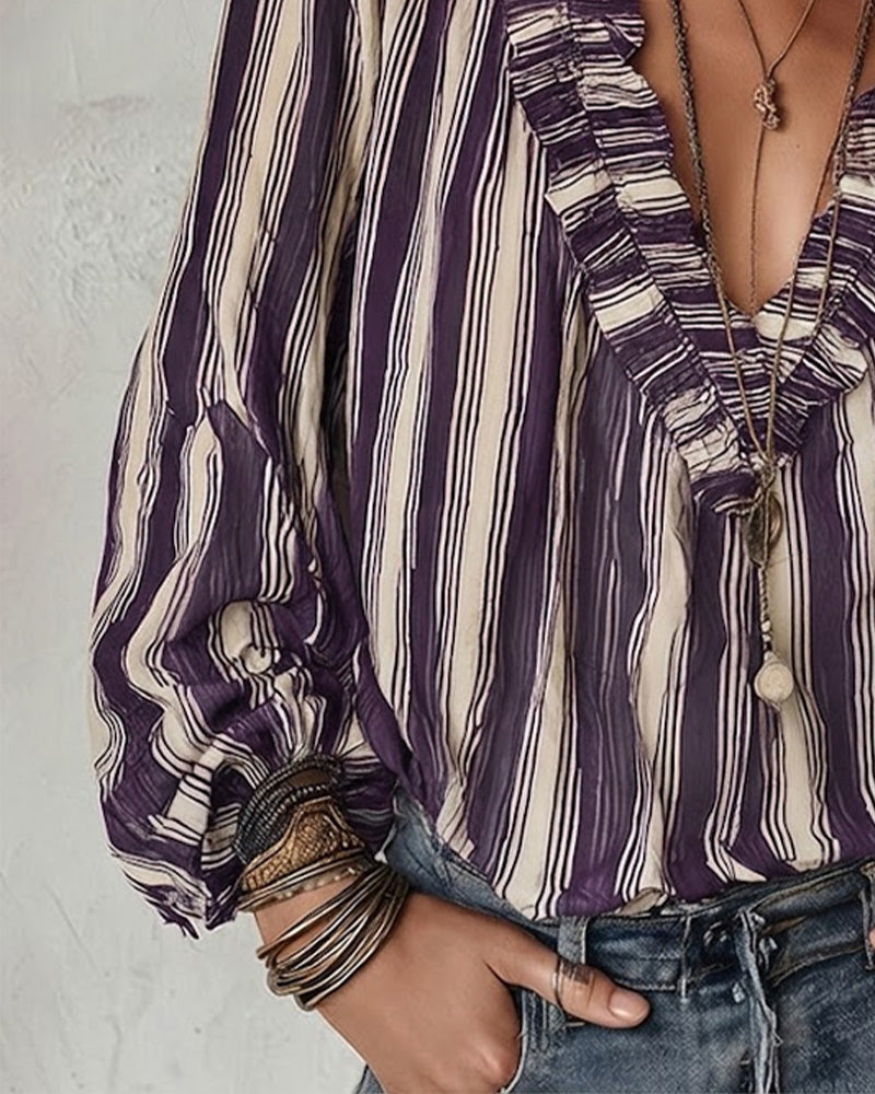 Deep V Vertical Striped Loose Blouse