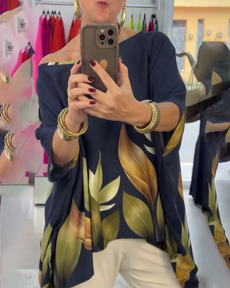 Sloped Shoulder Irregular Three-Quarter Sleeve Blouse