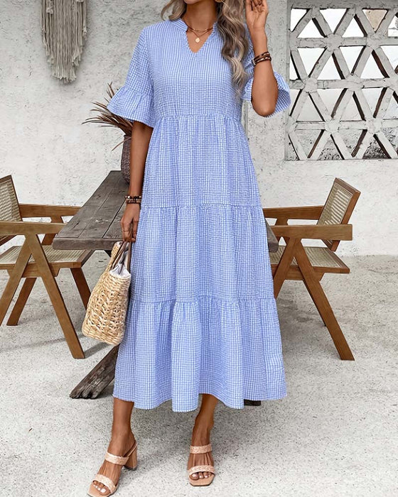 Blue White Gingham V-Neck Dress
