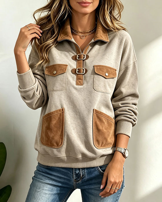 Suede Patchwork Pocket Sweatshirt
