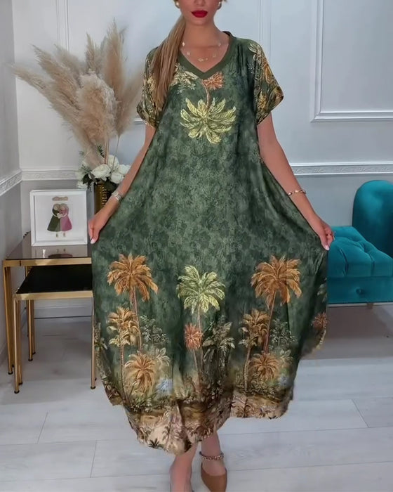 V-Neck Palm Tree Print Short Sleeve Long Dress