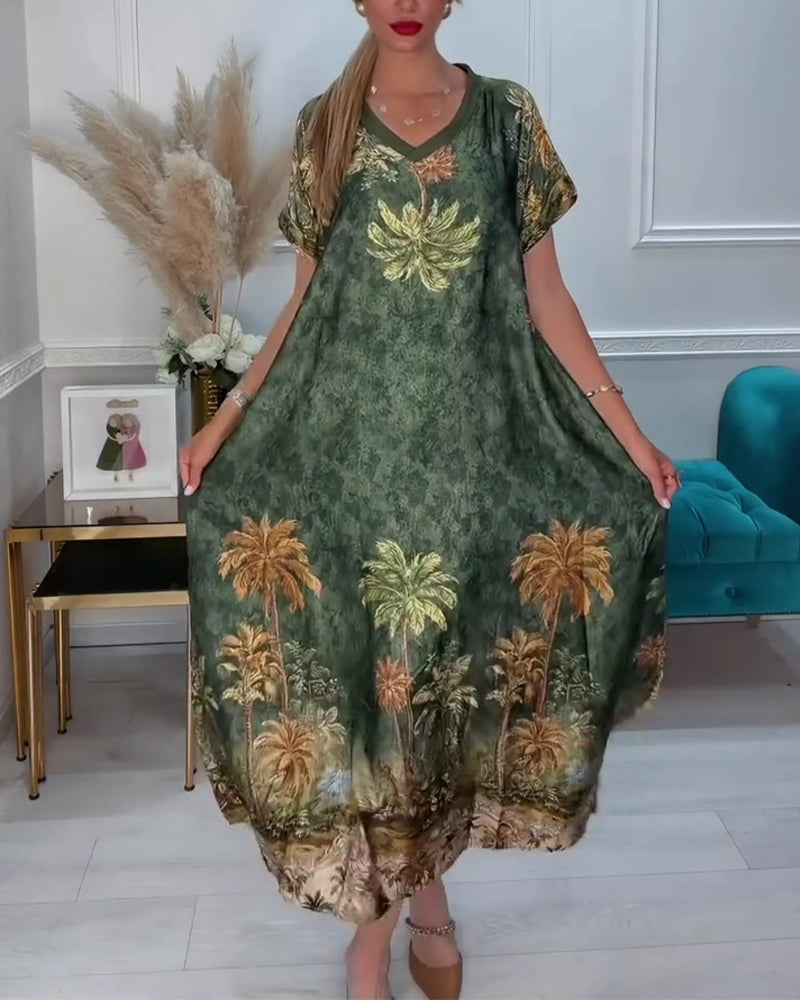 V-Neck Palm Tree Print Short Sleeve Long Dress