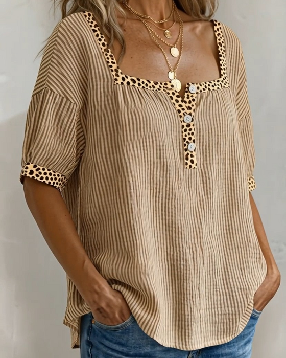 Square Neck Short Sleeve Leopard Print Blouse
