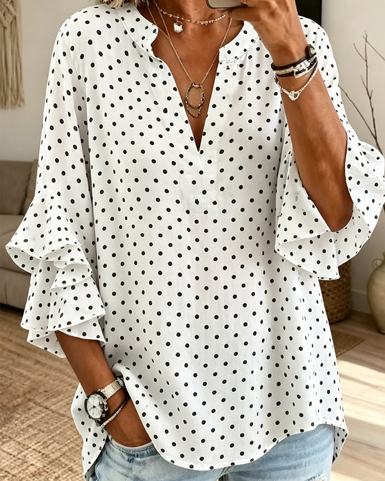 Polka Dot Layered Ruffled Sleeve Blouse