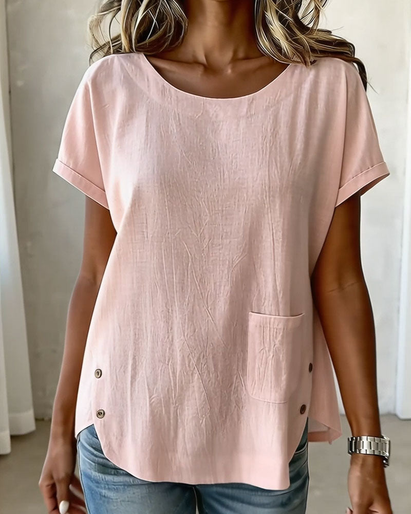 Cotton Linen Button Detail Short Sleeve T-Shirt