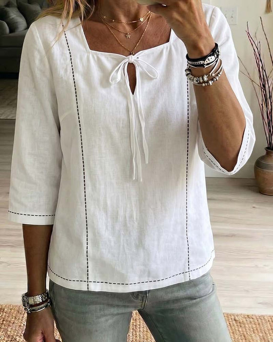 Square Neck Tie Hollow Out Blouse