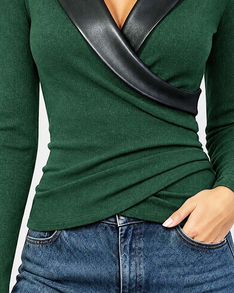 PU Lapel Cross Long Sleeve Top