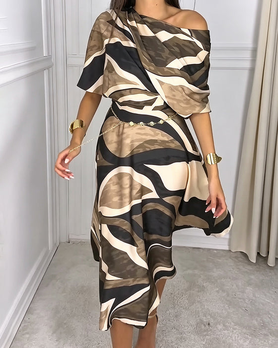 Waist Cinching Contrast Color Cape Style Dress
