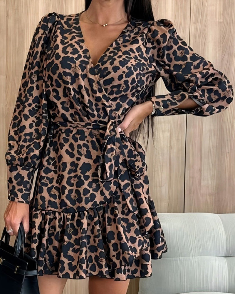💖Black-Friday-Mega-Deal💖Leopard Print Wrap Dress With V-Neck And Waist Belt