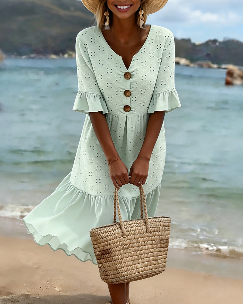 Hollow-Out Mid-Length Dress With Ruffle Trim