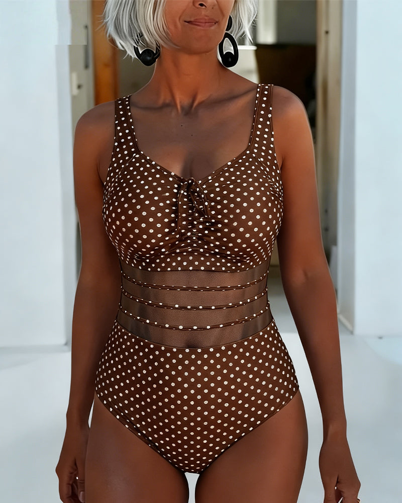 Lace-Up Polka-Dot Mesh One-Piece