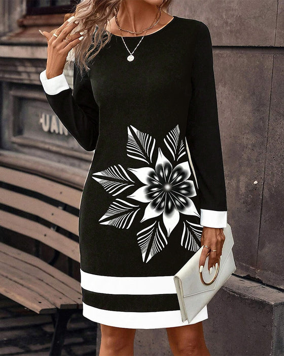 Round neck colorblock large flower dress