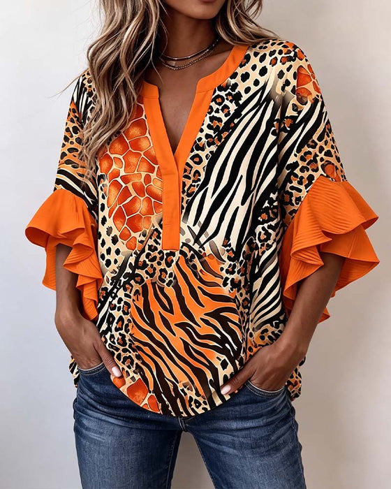Zebra Leopard Print Ruffle Sleeve Blouse
