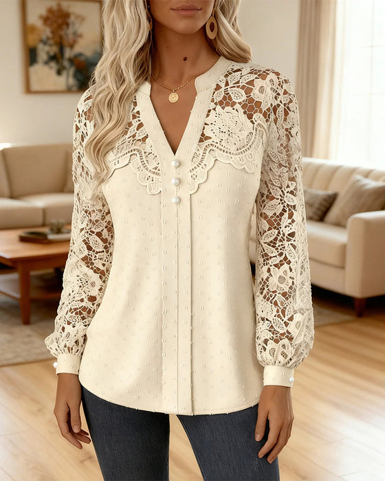 Lantern Sleeve Lace Crochet Blouse