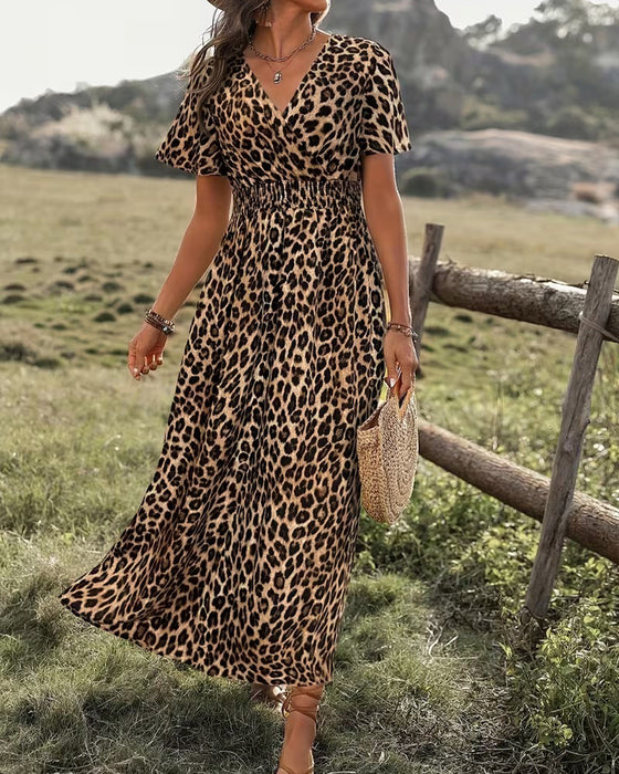 Leopard V-Neck Elastic Waist A-Line Dress
