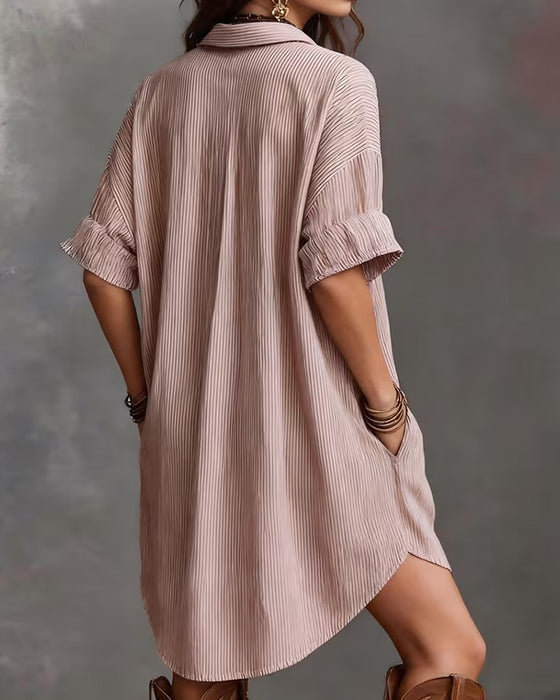 Lapel Stripe Patchwork Loose Dresses