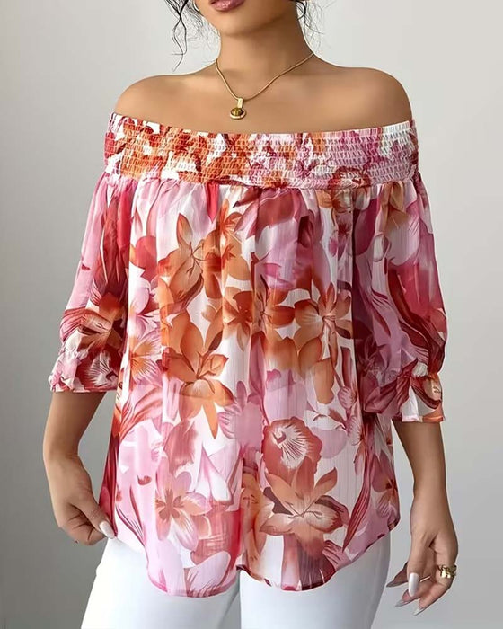 Off-Shoulder Print Bubble Sleeve Blouse