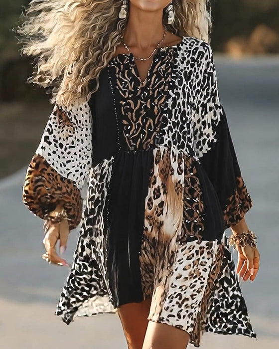 V-Neck Leopard Print Three-Quarter Sleeve Color-Block Dress