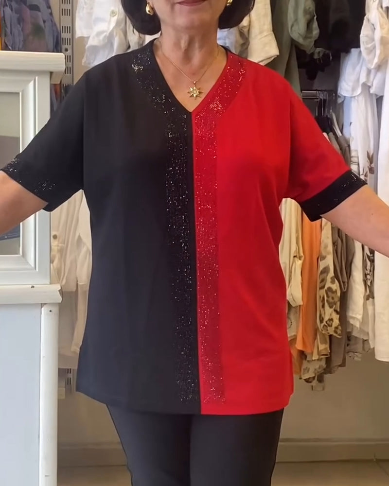 V-Neck Color Block Loose T-Shirt