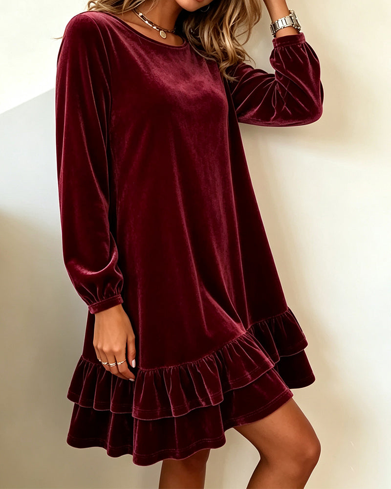 Round Neck Long Sleeve Ruffle Dress