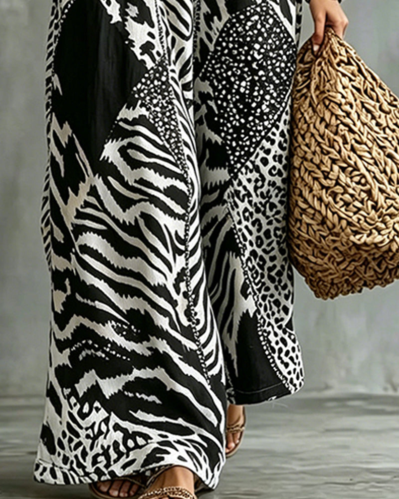 V-Neck Leopard Print Bat Sleeve Dress