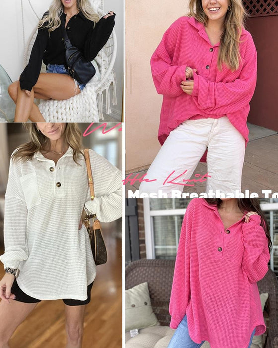 Solid Button-Down Loose Lapel Blouse