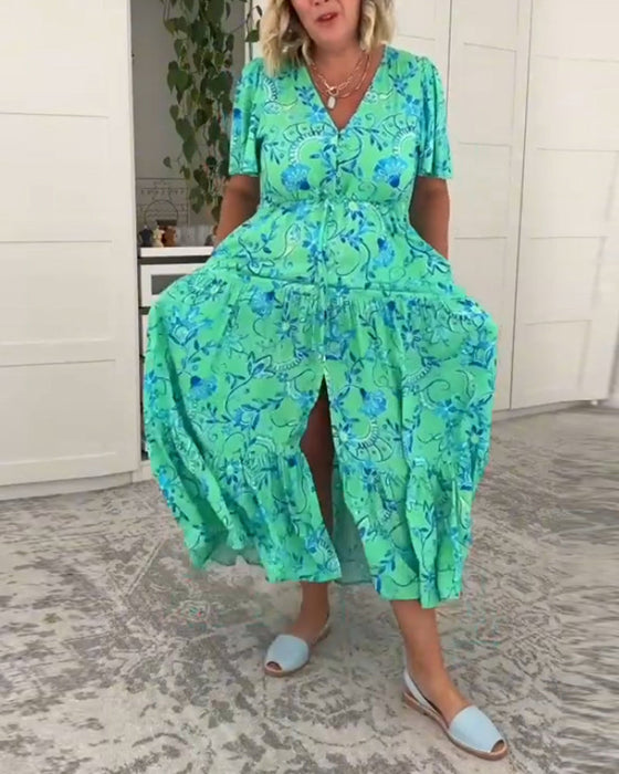 Short-sleeved pocket printed dress