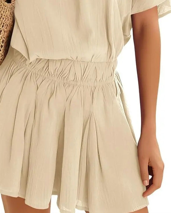 Slant Collar Ruffle Sleeve Pleated Set