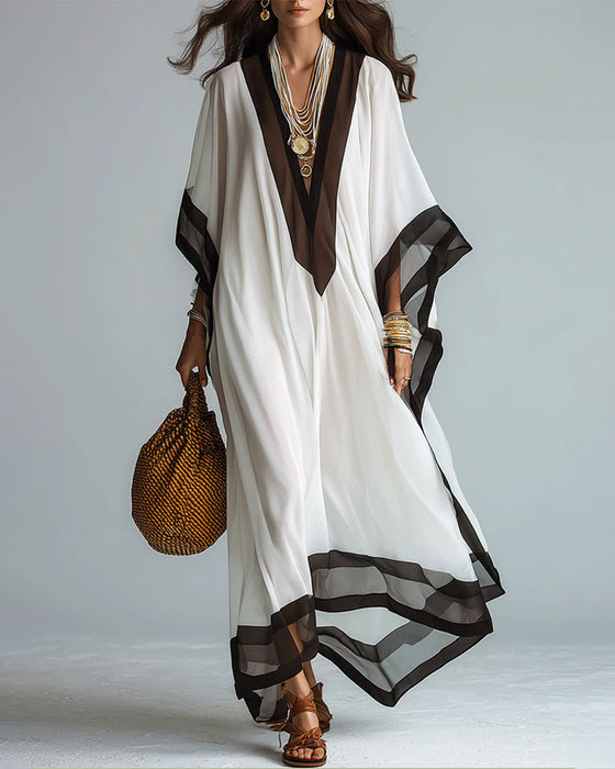 Deep V Batwing Sleeve Color Block Irregular Long Dress