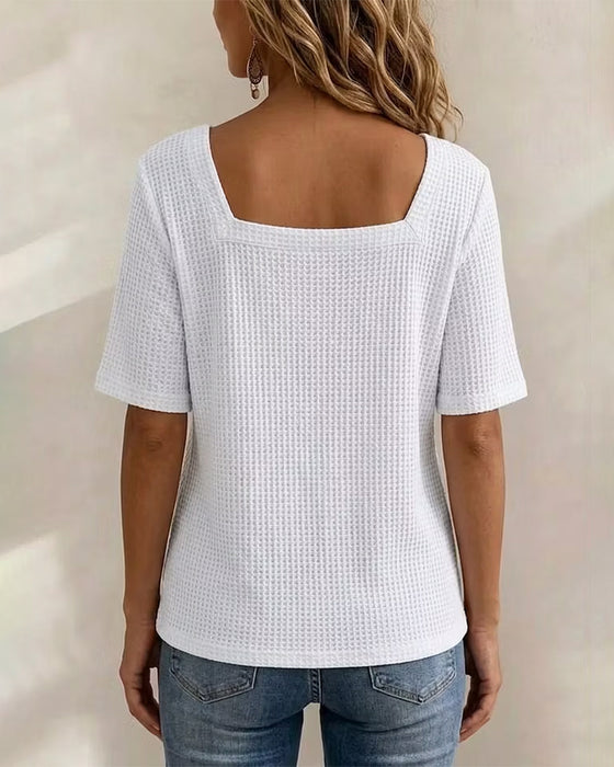 Square Neck Button Waffle T-Shirt