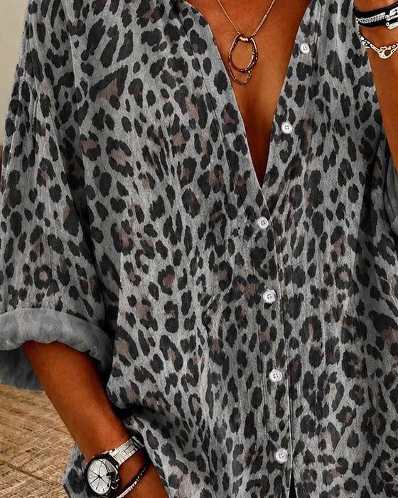 V-Neck Button Leopard Long Sleeve Shirt