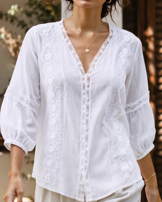 V-Neck Solid Color Blouse